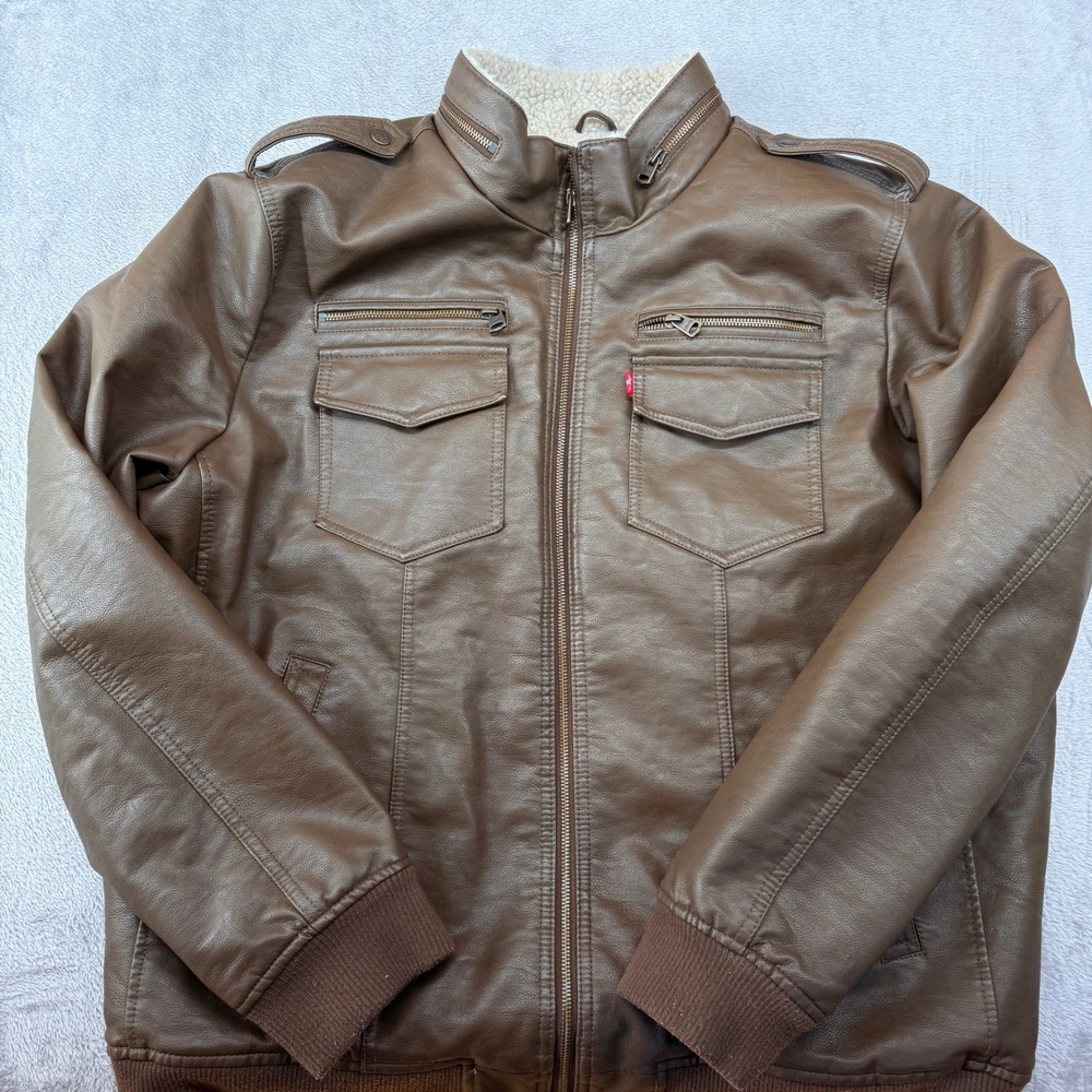 Levis Faux Leather Sherpa Lined Bomber Jacket Men XXL Brown Epaulets Heavyweight